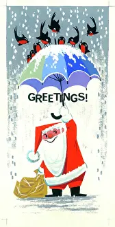 Father Christmas with an umbrella and robins