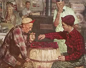 Checkers: Father and Son play Checkers on a Cracker Barrel