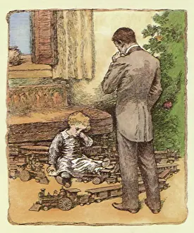 Obscured: Father standing over Crying Boy and Train