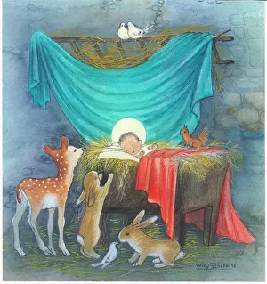 Schermele: Fawn and rabbits beside Infant Jesus in crib