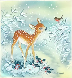 Schermele: Fawn and Robin in the snow with holly