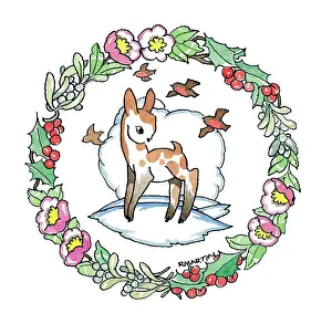 Rosamund: Fawn and Robins in circle of winter flowers
