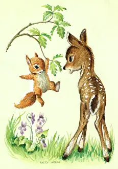 Fawn and squirrel swinging on an oak tree