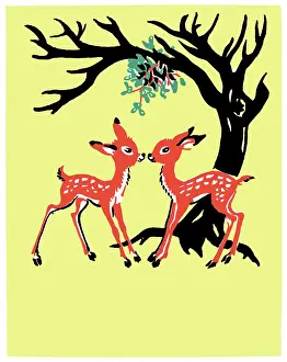 Four Colour: Two Fawns kissing under the mistletoe