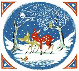 Excell: Two fawns with owl and robin in the snow
