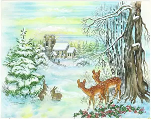 Schermele: Fawns and rabbits and church in the snow
