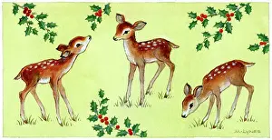 Sprays: Three fawns with sprays of holly