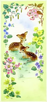 Lynes: Two fawns with spring flowers