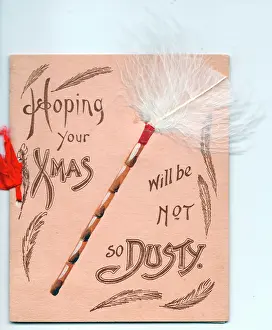 Puns: Feather duster with comic greeting on a Christmas card