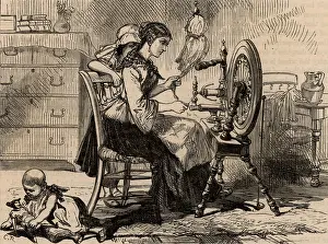 Weavers: Female homeworker using a treadle spinning wheel