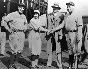 Pitchers: Female pitcher Jackie Mitchell, with Babe Ruth