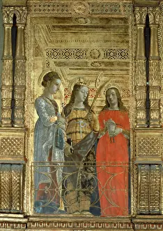 Polyptych: Three female saints, detail of