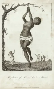 Whipped: A female slave hanging, about to be whipped