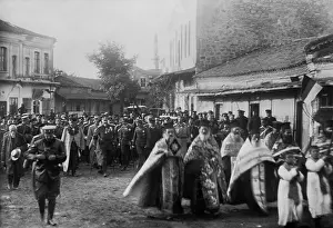 Bystanders: Ferdinand I, Czar of Bulgaria, marches with religious