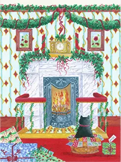 Groucutt: Festive Fireplace with cat sitting in basket