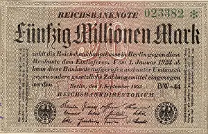 Fifty: Fifty Million Reischsmark bank note of 1923 during