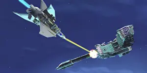 Warp: A fighter spacecraft blasts a large enemy battleship with a