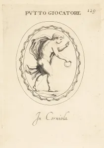 In Corniola: Figure of a naked boy playing a game of hoops