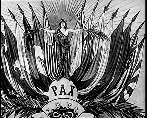 A Still of a Figure Of Peace Surrounded By Allied Flags