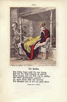 Holbeins: Two figures of Death come for a Duchess sitting up in bed