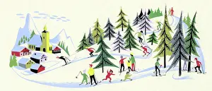 Esme: Figures ski-ing through trees