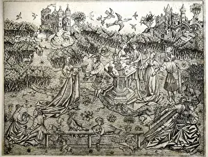 Courtly: fine arts, Middle Ages, mediaeval, copper engraving