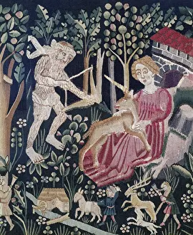 Unicorns: fine arts, tapestry, Unicorn hunt, detail, Franconia