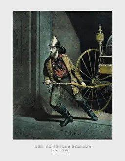 Titled: A fireman in his coat and helmet pulling a horse