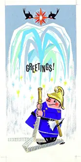 Upwards: Fireman with hose pipe squirting water