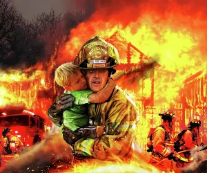 Heroism: A fireman saving a boy from a burning building