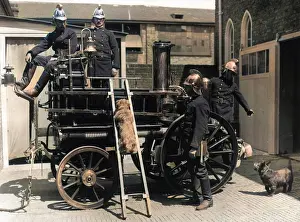 Shand: Firemen with fire engine and dogs, Surbiton, Surrrey