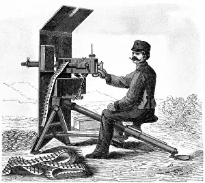 Leipzig: First model of Hiram Maxim's machine gun. From