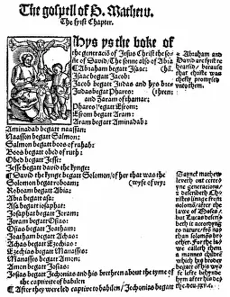 Translation: First page of St Matthew's Gospel from William