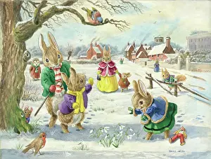 Racey: The First Snowdrops - rabbits, robin, squirrel