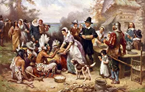 Gerome: The first Thanksgiving, 1621, Pilgrims and ?