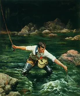 Hooking: Fisherman knee-deep in a stream, landing a trout