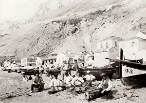 Mending: Fishermen mending nets, Catalan Bay, Gibraltar, c.1890