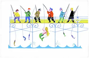 Rods: Fishermen on pier, one is hooking a mermaid
