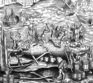 Whaler: fishery, Walfang, Basques hacking whale to pieces