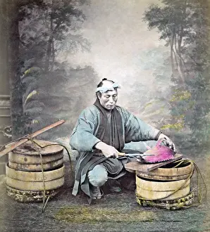 Fishmonger: Fishmonger at work, Japan, circa 1880s