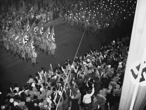 Cheered: Flag and torch parade at the Nuremberg Rally, 1934