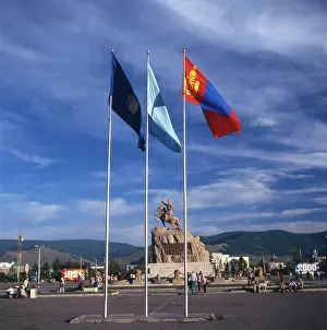 Ulaanbaatar: Flags and Memorial at Ulaanbaatar, Mongolia