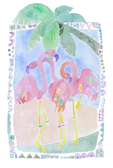 Gilmore: Flamingos under a palm tree