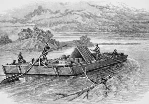 Naw001: Flatboat Carrying Barrels of Cargo and Goods Going