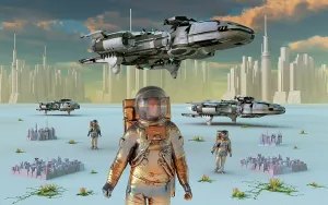 Spaceflight: A fleet of spaceships landing at a city complex