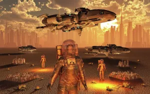 Spaceflight: A fleet of spaceships landing at a city complex