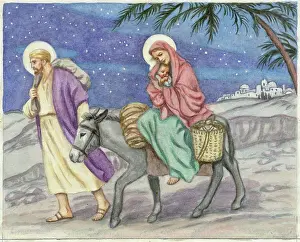Burchell: The Flight into Egypt - Joseph, Mary and Jesus with donkey