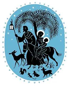 Bunnies: Flight into Egypt ? with palm tree and animals