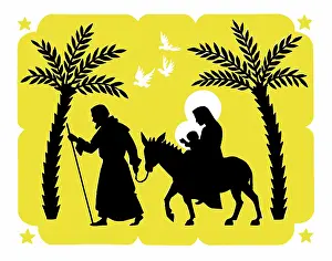 Two Colour: The Flight into Egypt with two palm trees