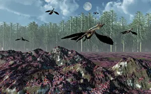 Contour: A flock of Archaeopteryx flying above a Jurassic landscape